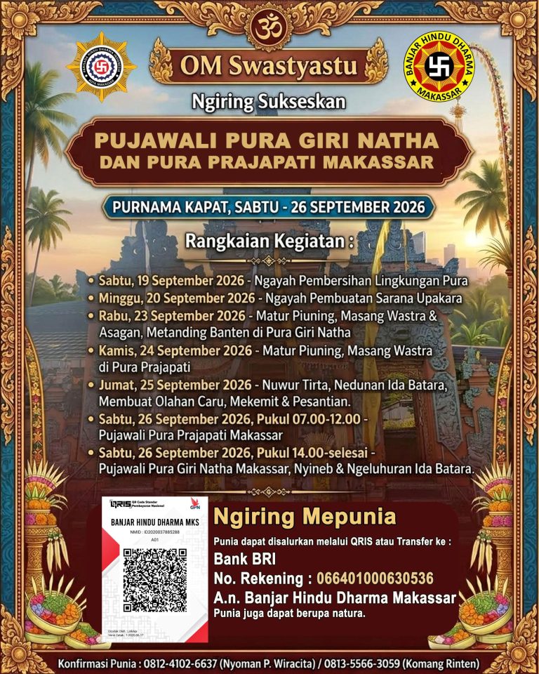 Jadwal Pujawali Piodalan Pura Giri Natha & Pura Prajapati Makassar Tahun 2026